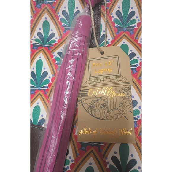 CATCHFLY STUDIO XL Tote or Laptop Bag w/ Pink Tassle - NEW - Picture 3 of 8